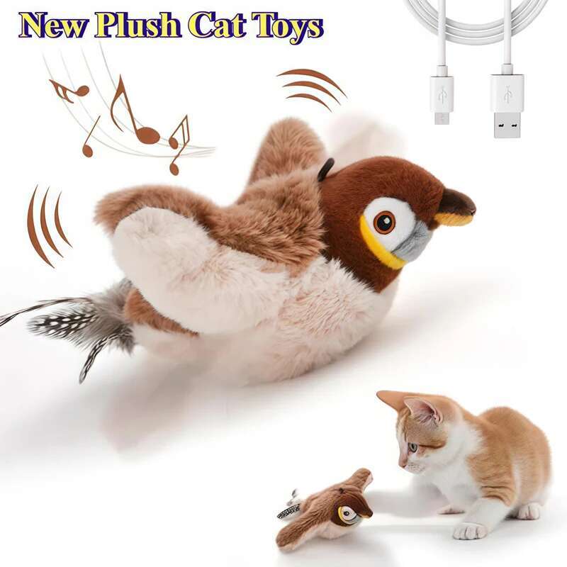 Flying Bird Cat Toy Interactive Cat Toys Rechargeable Chirping Flapping Bird(no Flying) Can Add Catnip Touch Activated Plush Toy