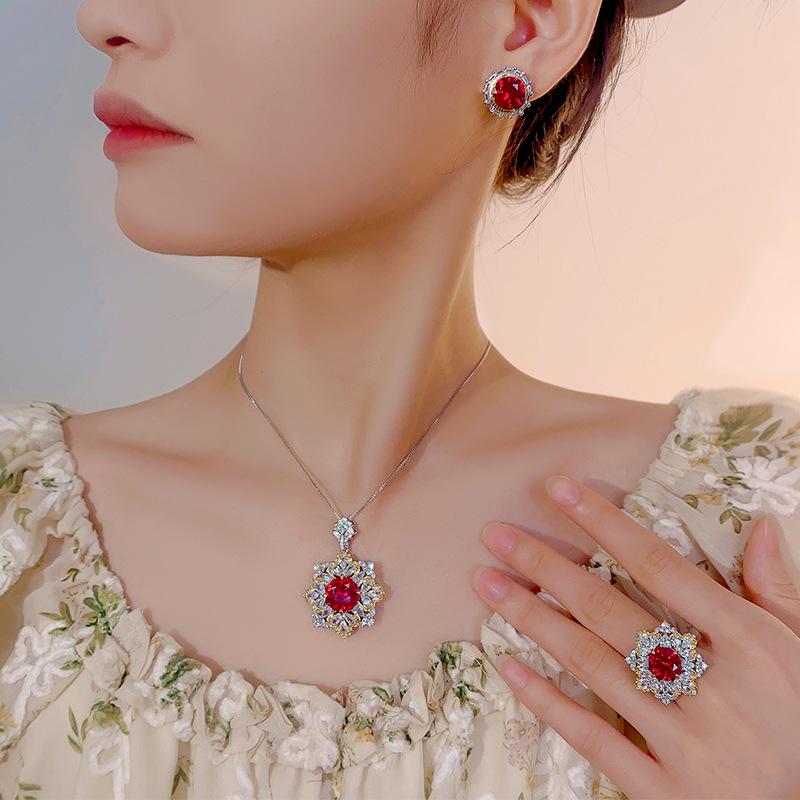 Jewelry Copper Bottom Gold-Plated Simulation Red Corundum Light Luxury Suit Female 12-10Mm