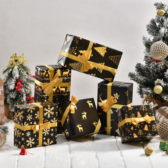 Christmas Reversible Wrapping Paper Roll Black Gold Foil Christmas Tree Snowflake