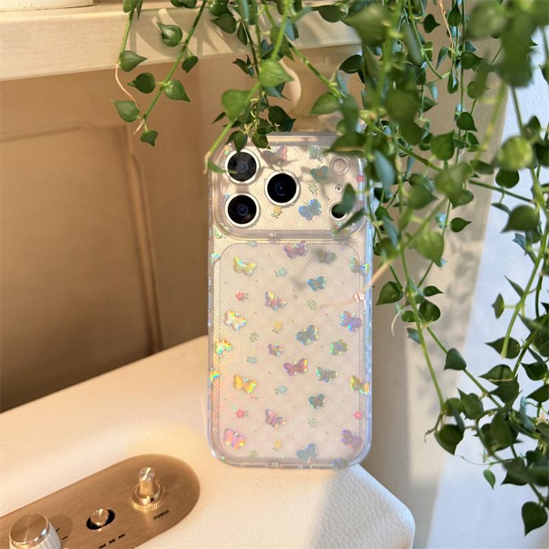 Kawaii Holographic Butterfly Glitter Clear Phone Case For iPhone 15 16 17 Pro Max INS Cute Large Window Shockproof Protective Co