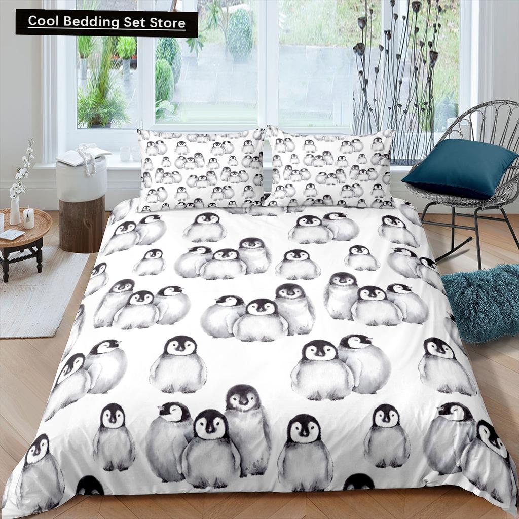 Penguin King Queen Duvet Cover Lovely Black White Antarctic Animals Bedding Set for Kids Wildlife 2/3pcs Polyester Quilt Cover