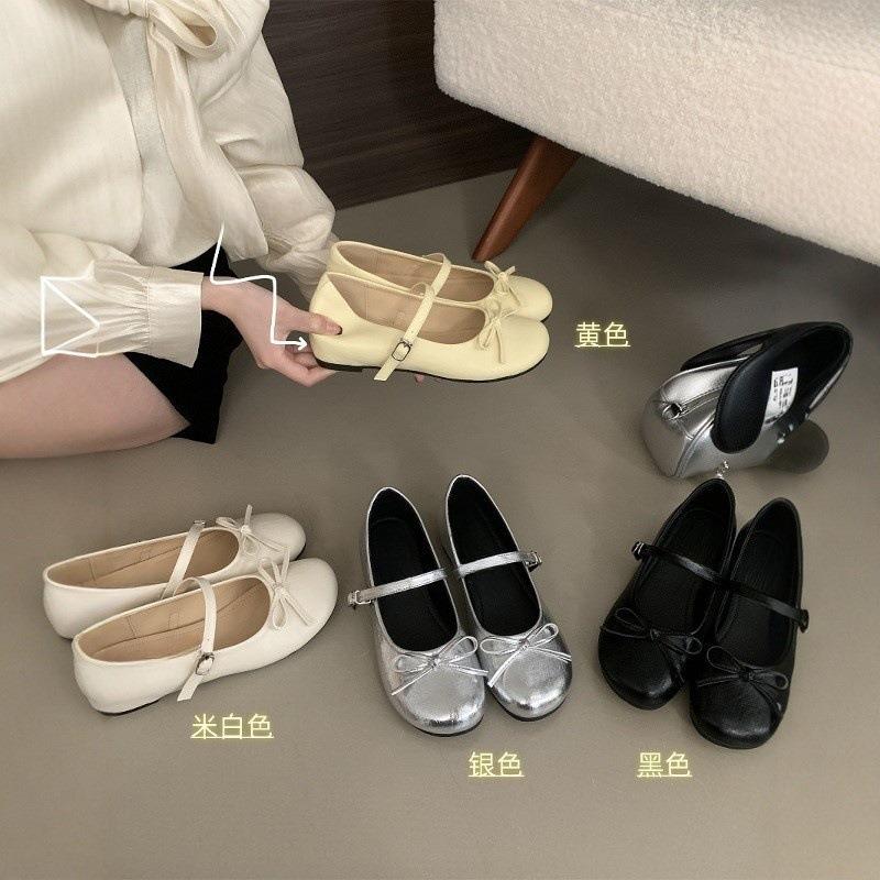 Inner Height-increasing Silver Bow Mary Jane Single Shoes Women's Shoes Spring and Autumn New Ballet Shoes