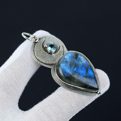 Labradorite, Blue Topaz Pendant, 925 Sterling Silver Pendant, Gemstone Statement Necklace, Boho Jewelry Pendant, Unique Pendant For Gifts