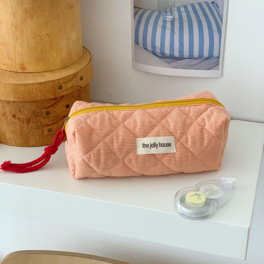 Creative Contrast Color Plaid Cosmetic Bag: Large Capacity, Hand-Held Travel Makeup Brush Storage for Women