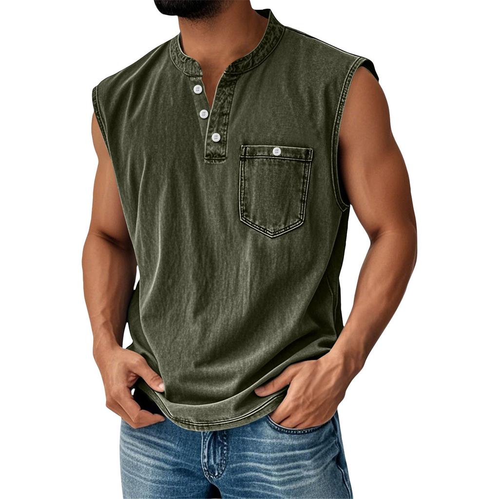 Canotta da uomo senza maniche con scollo Henley, abbottonatura e taschino sul petto, vestibilità casual ampia, maglietta estiva