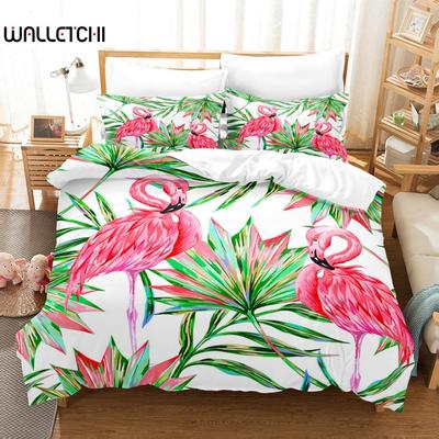 Flamingo Duvet Cover Set Tropical Animal Comforter Cover Leaves Palm Leaves Bedding Set Polyester Nature Theme Queen Quilt Cover