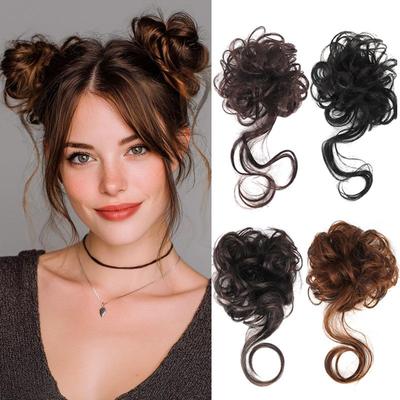Mini Chignon Désordonné Pièce de Cheveux Ondulés Bouclés Chouchous Chignon Synthétique Queue de Cheval Extensions de Cheveux Épais Chignons pour Femmes Noir Brun