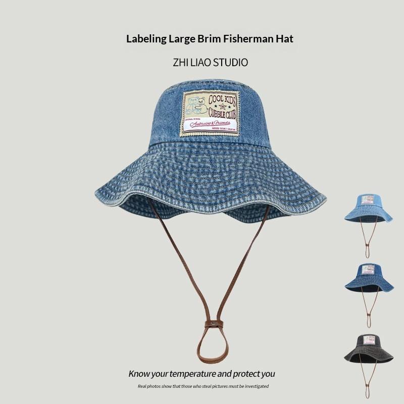 1pc Large Brim Denim Bucket Hats for Women,Retro Washed Sunshade Visors Fishing Hats Outdoor Windproof Sun Protection Basin Cap