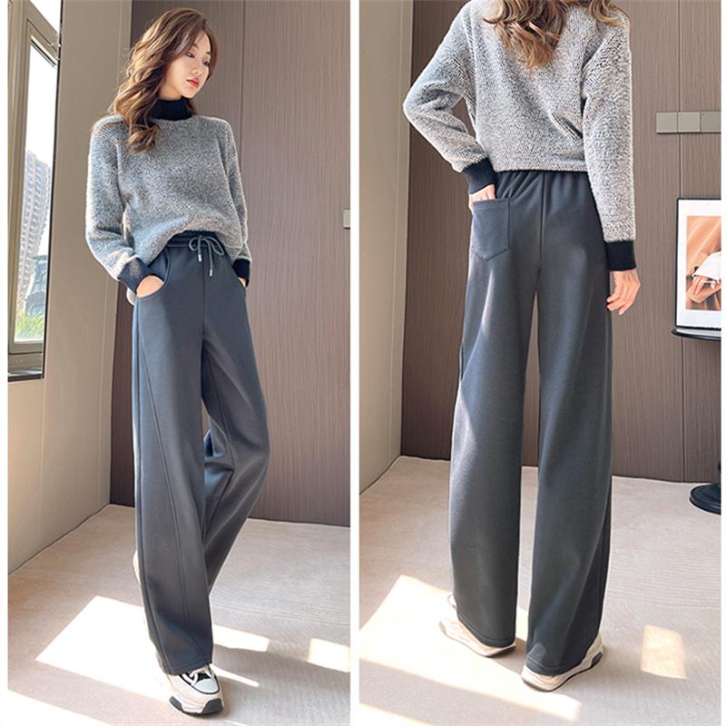 Winter New Thickening Velvet Wide Leg PantsCasual Warm Elegant Women Sweatpants Korean High Waist Loose Straight Pants Female