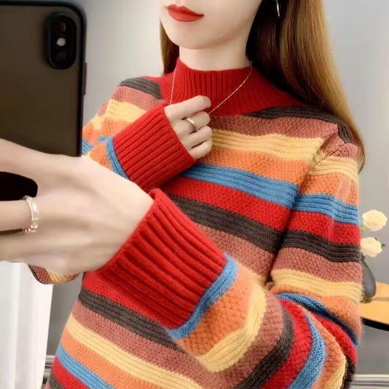 New 2025 Striped Knitted Women's Sweater: Thick, Half High Collar, Autumn-Winter Loose Fit Top.