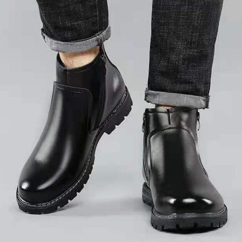 Zimowe Czarne Skórzane Buty dla Mężczyzn Buty Ciepłe Buty na Zamek Męskie Buty Biznesowe Codzienne Wysokie Buty Mężczyzna Kostki Okrągły Nosek