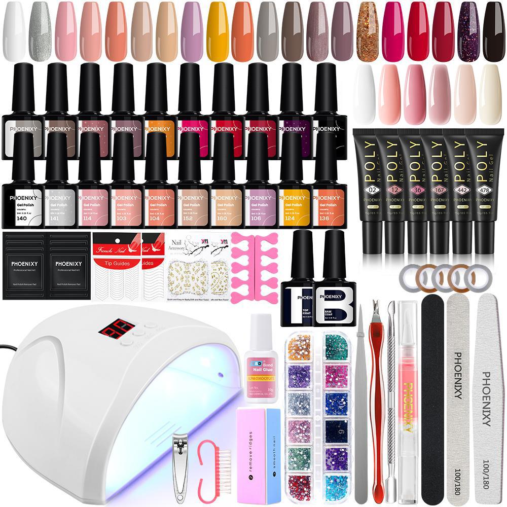 PHOENIXY Gel Nail Polish Varnish Kit with 36W Nail Dryer Lamp Poly Extension Gel Nail Art Manicure Tools Soak-off UV LED Gel Set