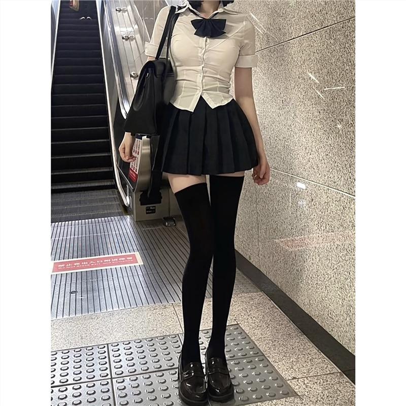 Stylish JK Uniform: Women's Slim Fit Short Sleeve Top & Black Pleated Skirt Set