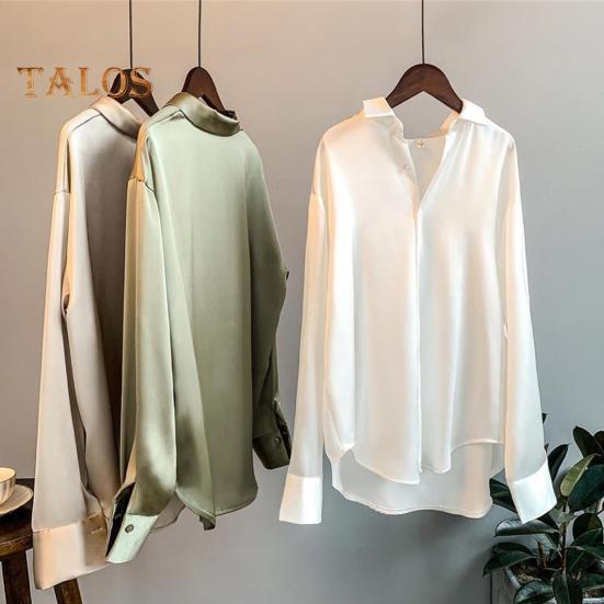 Dámská košile s klopou, dlouhým rukávem, jednoradovým zapínáním, topy, jednobarevná, hladký satén, volný střih, ležérní košile