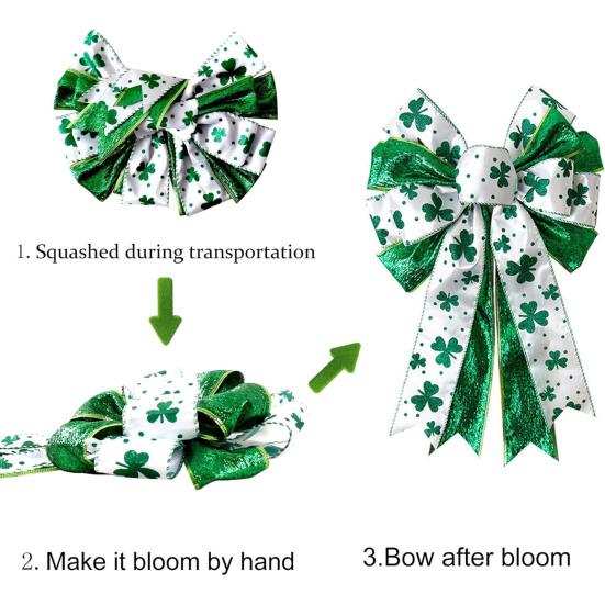 St. Patrick's Day Bow Large White Green Glitter Shamrock Bow Irish Holiday Decor Ribbon Bow Knot for Wreath Tree Topper Front Door