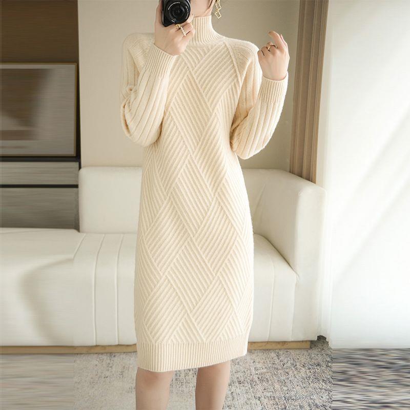 Women's Mid-Length High-Neck Wool Knit Sweater Dress for Autumn/Winter 2025 - Thickened Inner Layer