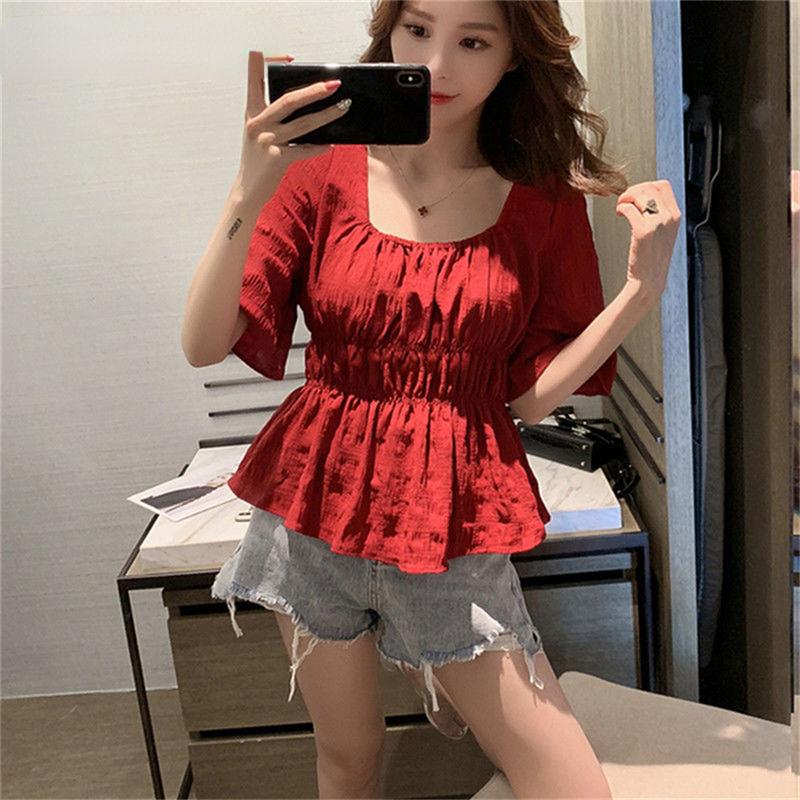 New 2022 Summer Vintage Elegant Women Chiffon Blouses Casual Mid Sleeve Blusas Femme Spuare Collar Solid Shirts Female Tops