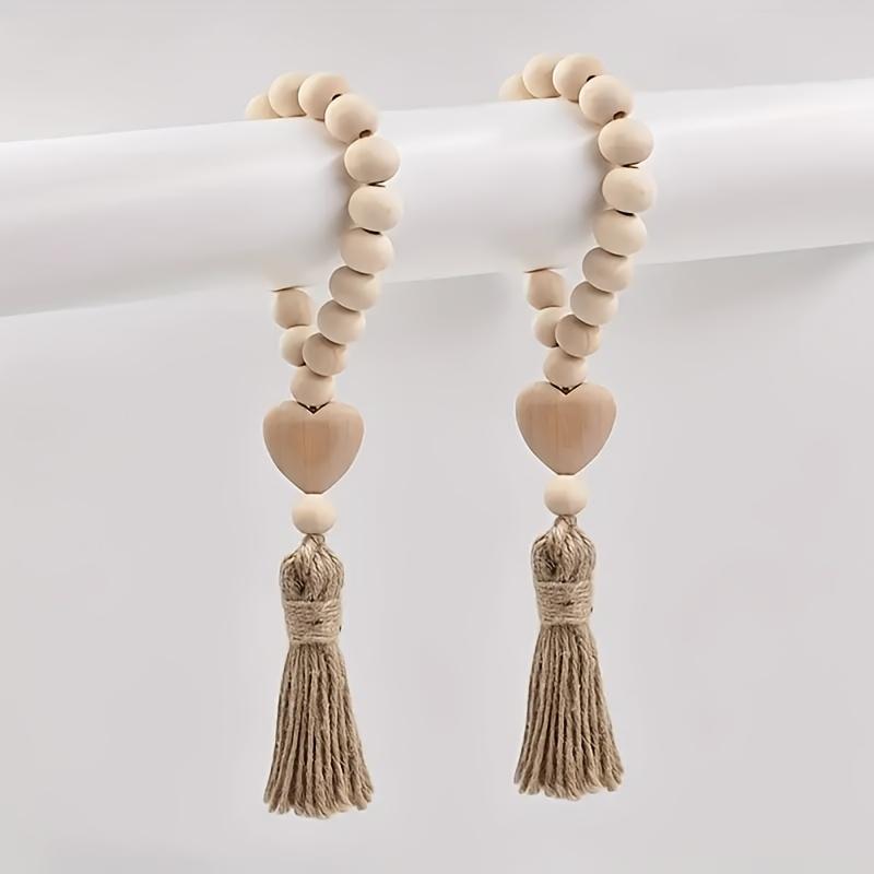 1 Piece Wooden Bead Wreath with Heart-shaped Tassel - Graduation Apricot Tassel Decorative Hanging, Love-themed Home Decoration