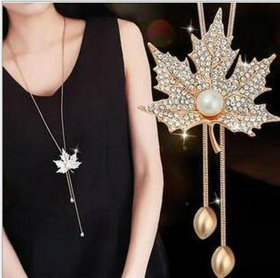 Exquisite Crystal Pearl Maple Leaf Sweater Necklace for Autumn & Winter