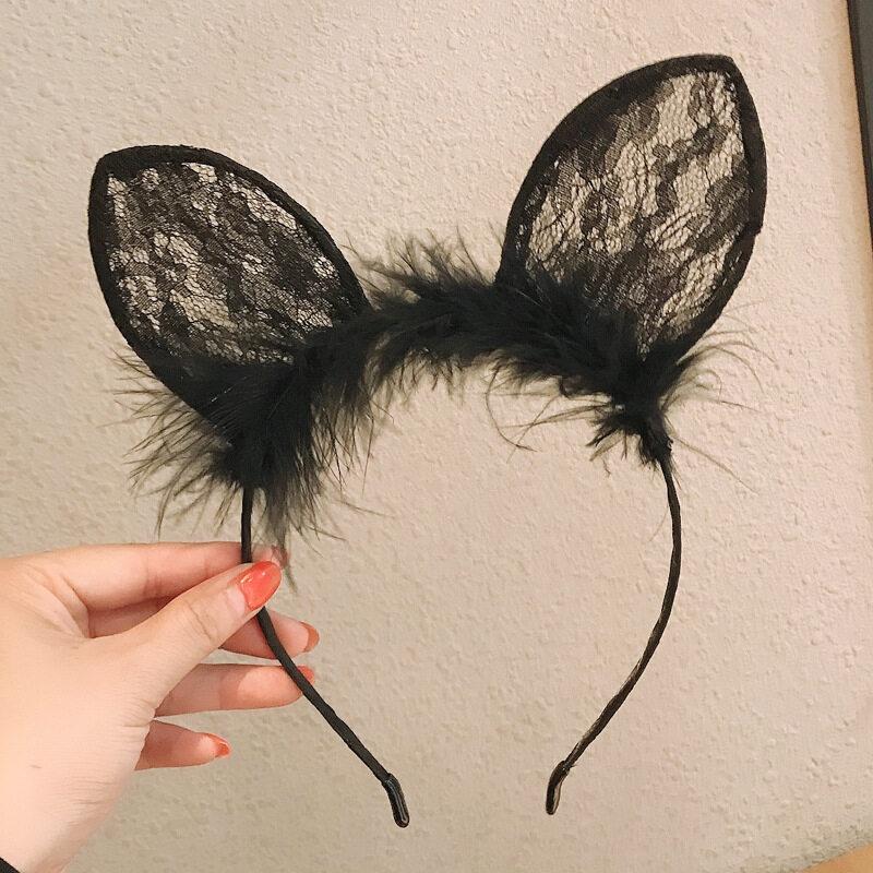 Plush Lace Cat Ears Bell Hair Band for Women Elegant Girl Headband Party Cosplay Hair Accessories