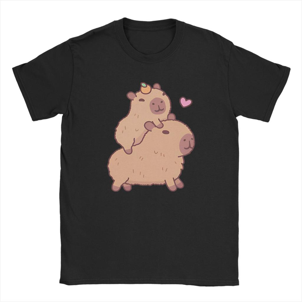 Vintage Cute Baby Capybara Hitching A Ride T-Shirts Men Round Neck 100% Cotton T Shirts  Short Sleeve Tees Plus Size Tops