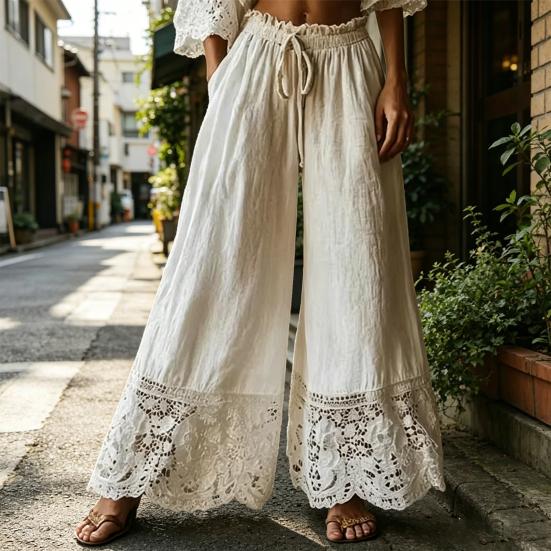 Women Pants Drawstring Adjustable Waistband High Waist Summer Pants Pure Color Loose Fit