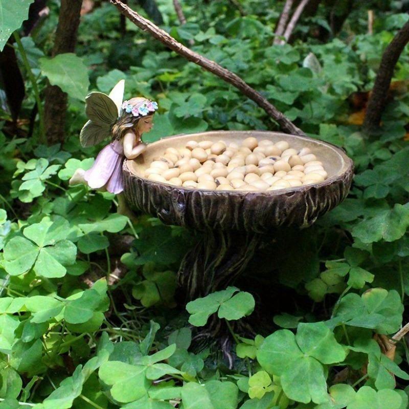 5inch Flower Fairy Garden Statue Bird Feeder Tray Outdoor Resin Home Crafts Garden Fairy Courtyard Decoration Statue