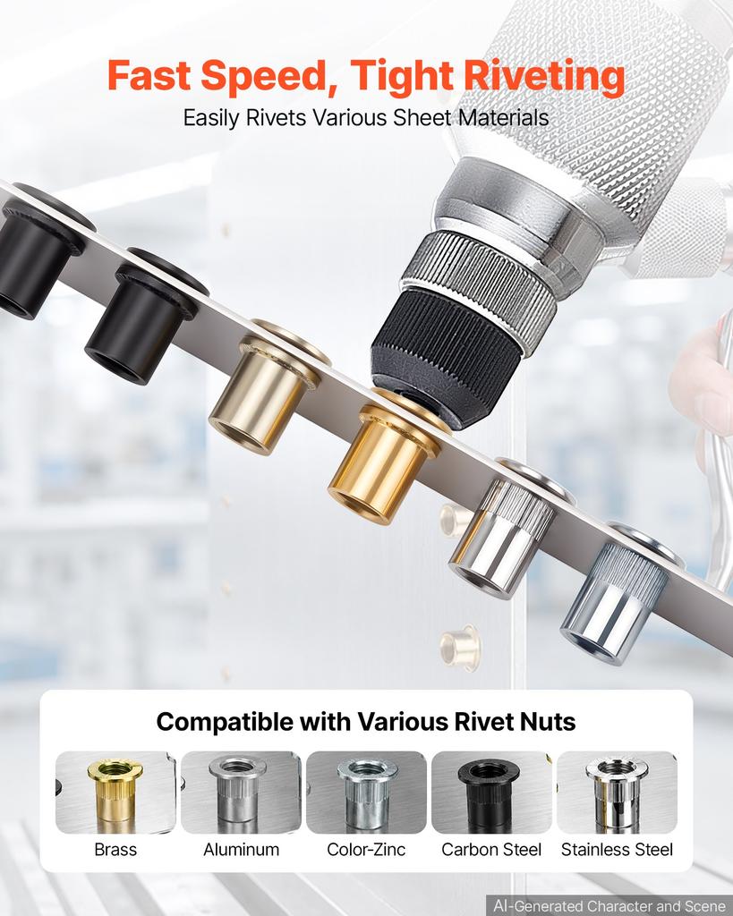 VEVOR Pneumatic Rivet Nut Gun Kit with 8PCS SAE & Metric Gun Heads, M4 M5 M6 M8 M10 1/4" 5/16" 3/8", 2680LBS Force