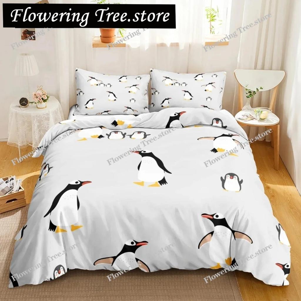 Penguin Duvet Cover Antarctic Animals Duvet Cover for Kids Boys Girls Cartoon Style Twin Size Winter King Polyester Qulit Cover