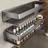 Kitchen Carbon Steel Storage Dish Rack For Seasonings Wall-mounted Multi-functional Hanging Shelf Without Drilling Holes