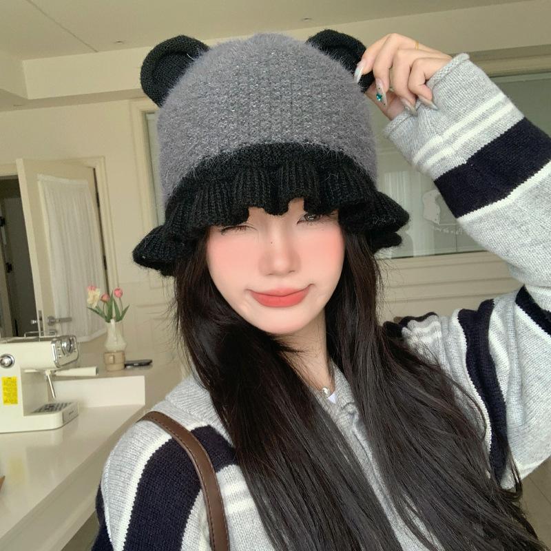 Cute Bear Ear Lace Wool Knitted Hat In FallSeason and ColdSeason Sweet and Versatile Warm Hat Outside Cold proof Hat