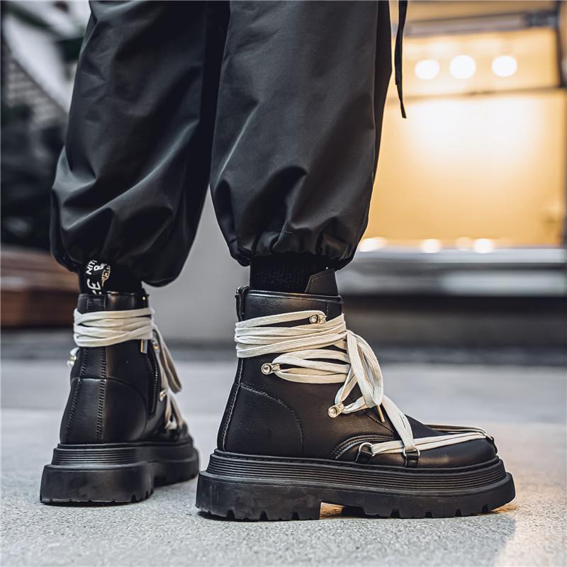 New Fashion Motorcycle Boots Men Strap Designer Men's White Boots Streetwear Platform Shoes Men Black Leather Short Barrel Boots