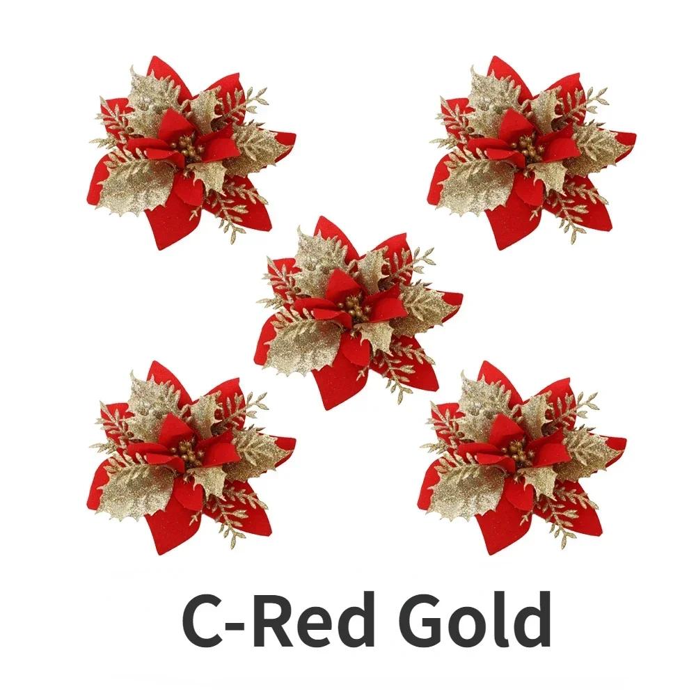 20/5PCS Artificial Glitter Christmas Flowers with Clip Xmas Tree Hanging Ornament Fake Flower New Year Party Home Decor Supplies