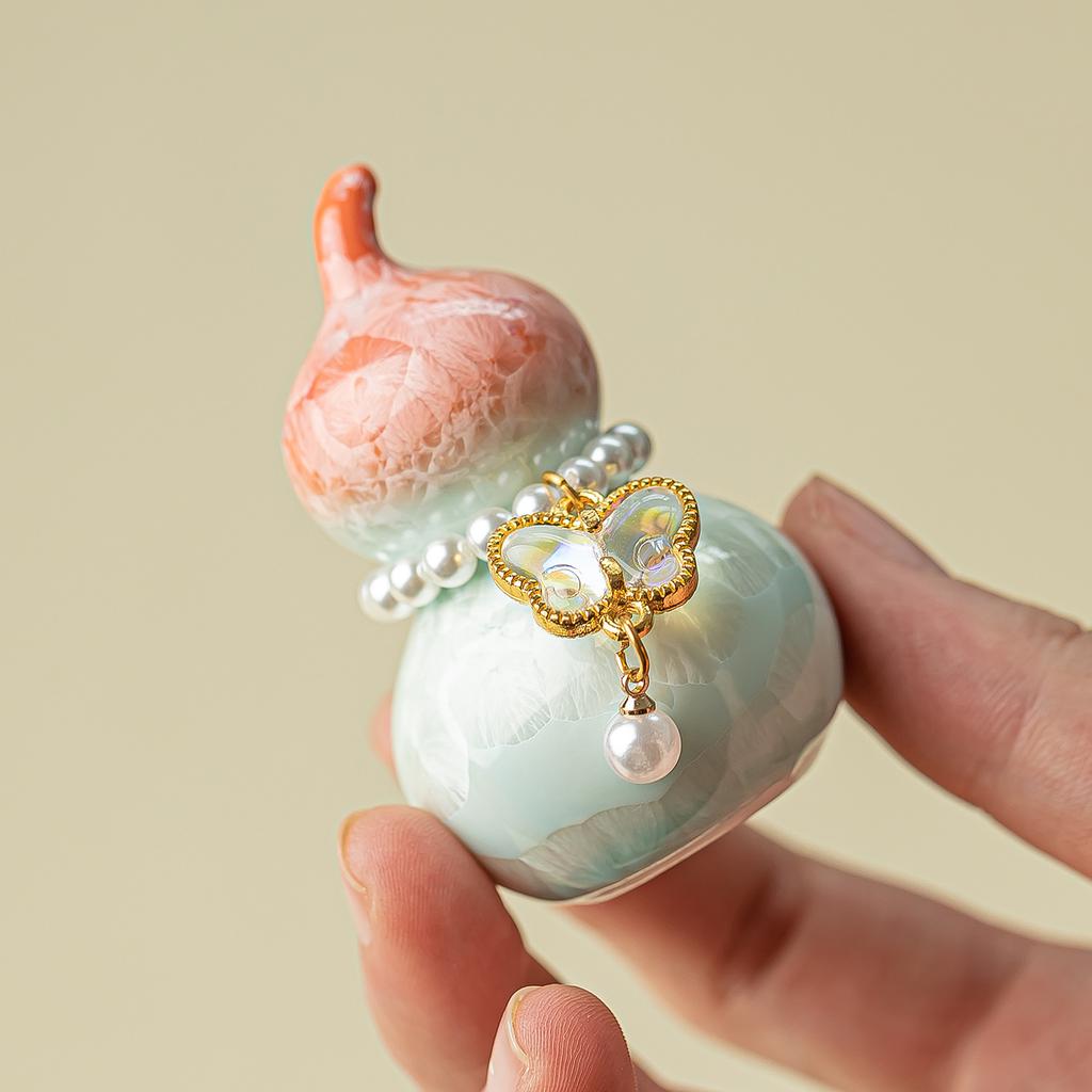 Mini colorful Gourd With Pearl pendant Tableware crystalline glaze Ceramic cover Fortune Ornaments Craft Tea ceremony accessorie