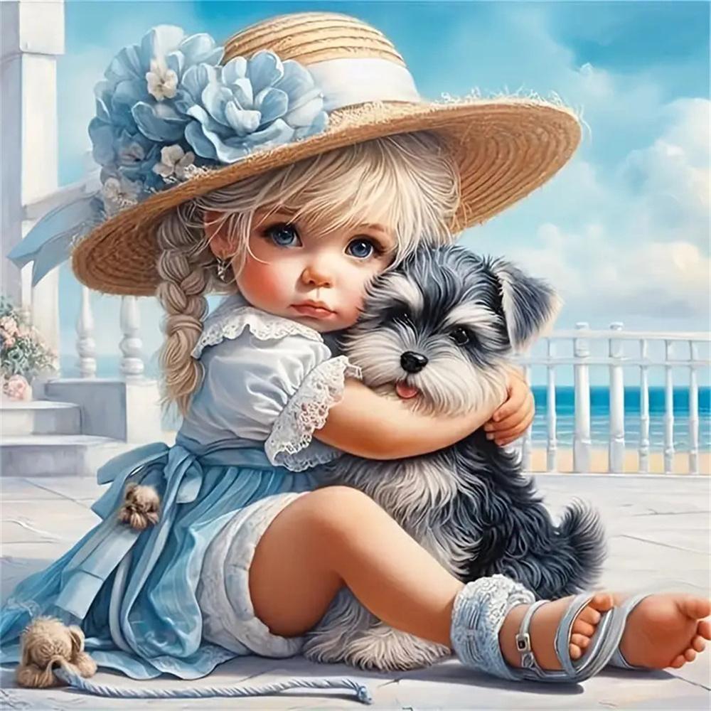 5d Diy Diamond Painting Girl Dog Portrait Diamond Embroidery Seaside Full Round Drill Cross Stitch Kits Gift