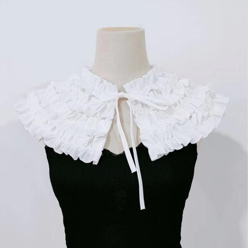 Women Renaissance Detachable False Collar Shawl Scarf French Style Elegant Tiered Ruffle Capelet Ribbon Tie Up Boleros