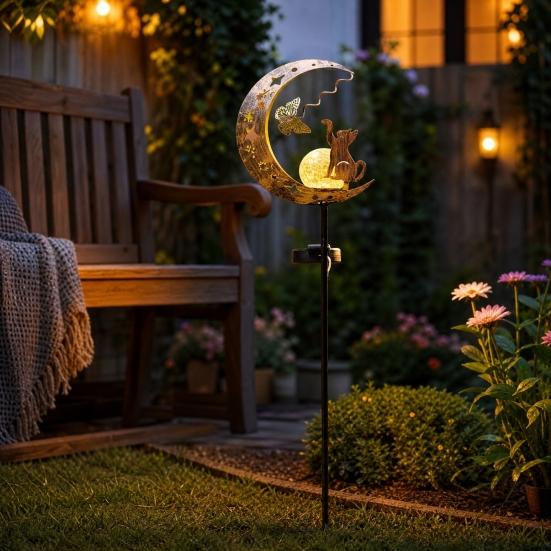 Solar Animal Garden Light, Moon Cat Bird Dog Solar Light with Metal Stake, Solar Powered Outdoor Animal Crescent Light for Patio Pathway Yard Decor
