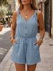 Tuta corta da donna a tinta unita con texture, spalline intrecciate, casual, per vacanze, con coulisse, senza maniche