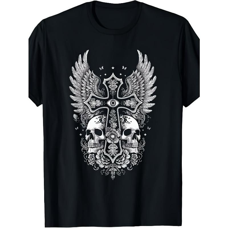 European Sizes Grunge Aesthetic Alt Goth Skull Cross Gothic T-Shirt Same Style for Men Summer Short-sleeved Printed T-shirt