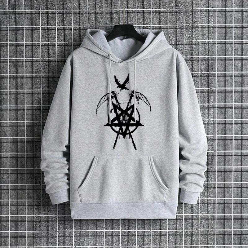 Mens Hip Hop Inspired Hoodies 2025 Urban Streetwear Fashion Hooded Sweatshirt Male Trendy Casual Satan Pentagram Print Outerwear