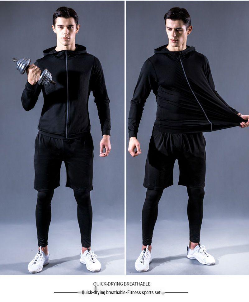 Pánské rychleschnoucí sportovní oblečení z ledového hedvábí s těsným střihem: Set s krátkým rukávem a pětibodovými kalhotami na letní fitness a běh