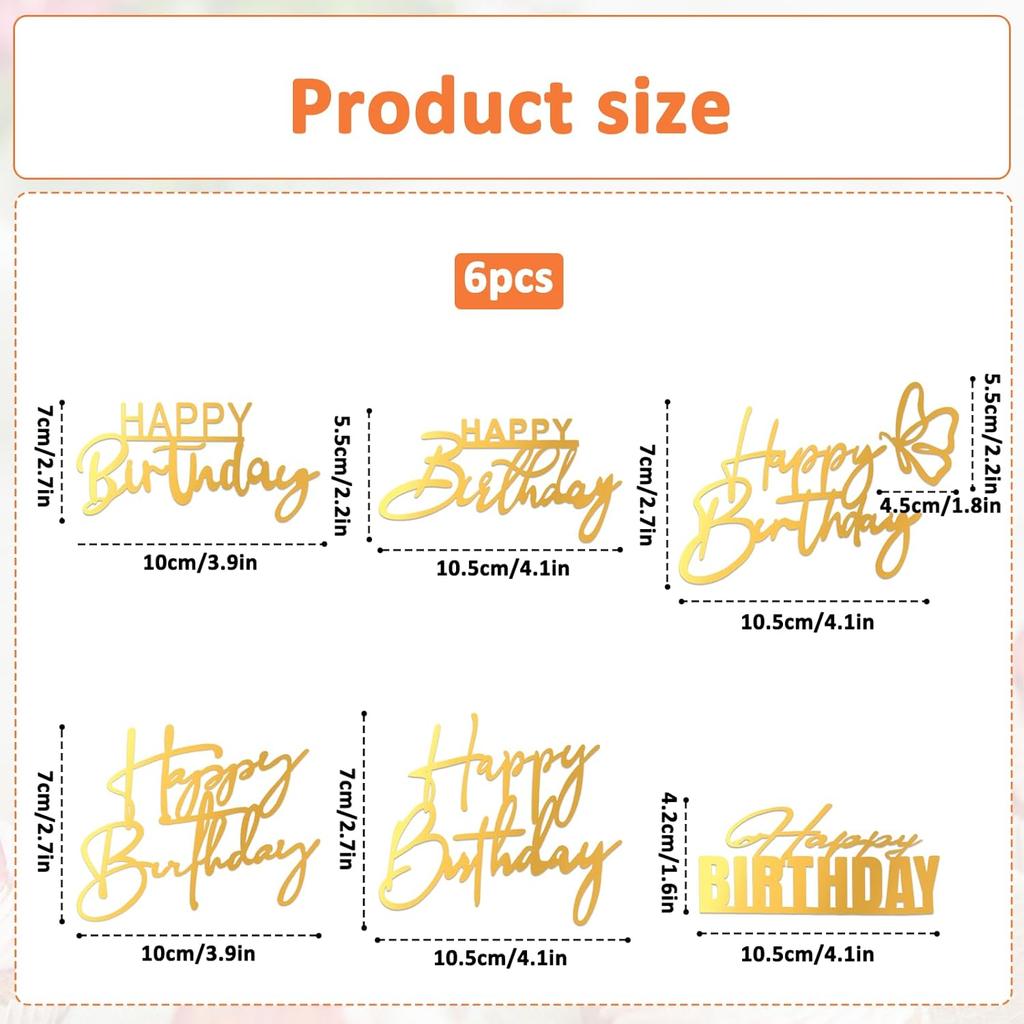 6 Pcs Flat Cake Toppers Gold Happy Birthday Cakes Topper Acrylic Cakes erts Flat Happy Birthday Decoration Sign Side Mirror for DIY Party Decorating