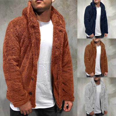 Fashion Trend Men's Wear Autumn Winter Men's Plush Hooded Coat Solid Color Long Sleeve Single-breasted Warm Cardigan Coat