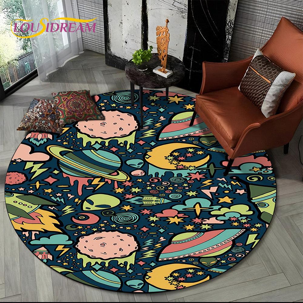 3D Astronaut Space Cartoon Round Area Rug,Carpet Rug for Living Room Children's Bedroom Sofa Playroom Decor,Non-slip Floor Mat