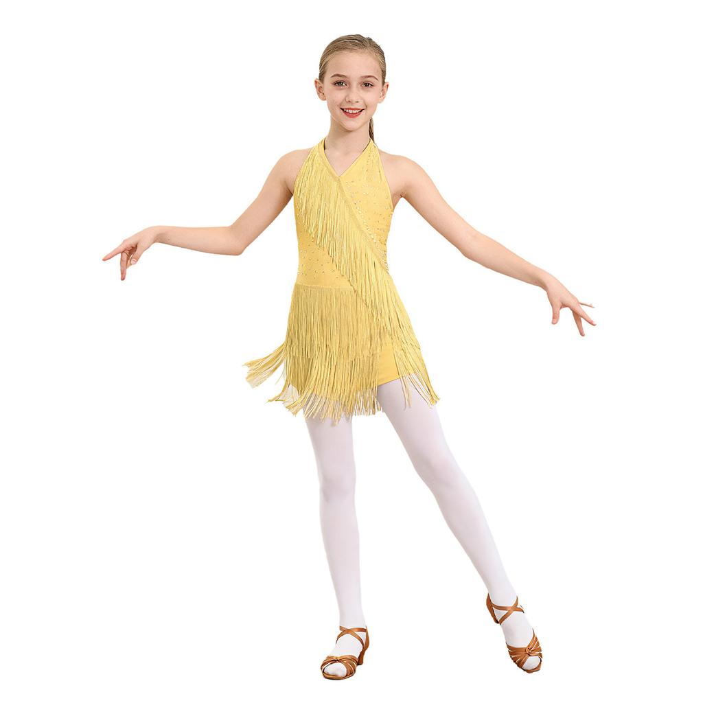 Kids Girls Latin Leotard Dress Dance Costume Rhinestones Fringe Bodysuit Skirted Dress Halter V-neck Sleeveless Tassel Jumpsuit