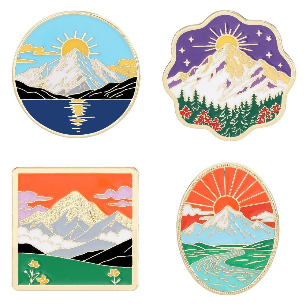 Funny Outdoor Sunrise Design Enamel Brooches Forest, River, Grassland, Ocean Sunshine Pattern Golden Pins