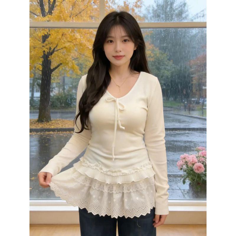 

Plus-Size Pure Desire Style Bowknot V-Neck Long-Sleeve T-Shirt for Women, 2026 Spring Lace Patchwork Ruffle Inner Layer Base Shirt White M [Recommendation 40-50kg]