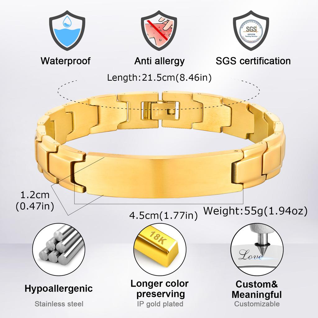 Custom Name Text Engraved Bracelet for Men, Stainless Steel Watch Strap Chain Bangle, Personalized Customized Medical ID Jewelry