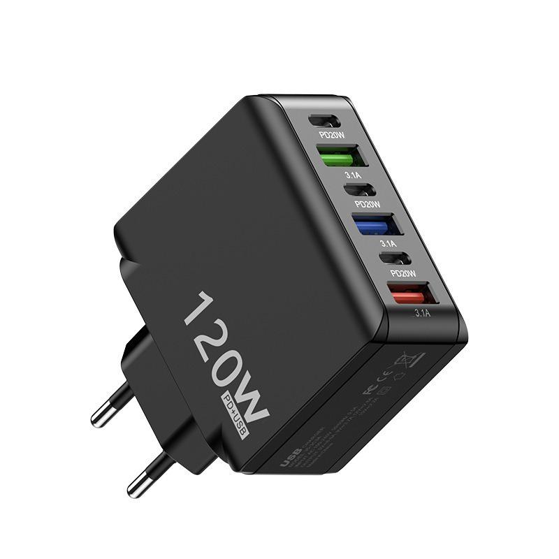 120W Multi-Port Fast Charger: 3 USB + 3 PD, US/EU/UK Compatible