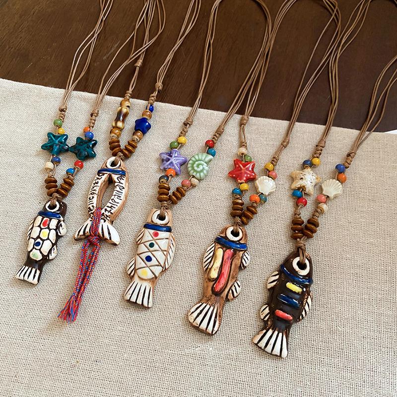 Ethnic Style Y-Shaped Ceramic Fish Necklace for Women Wooden Rope Handmade Bead Tassel Charm Bohemian Style Exquisite Accessory